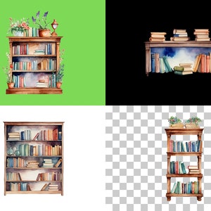 May include: A watercolor painting of a wooden bookshelf filled with books. The bookshelf has three shelves and is decorated with plants and a lamp. The background is a green, black, white, and checkered pattern.