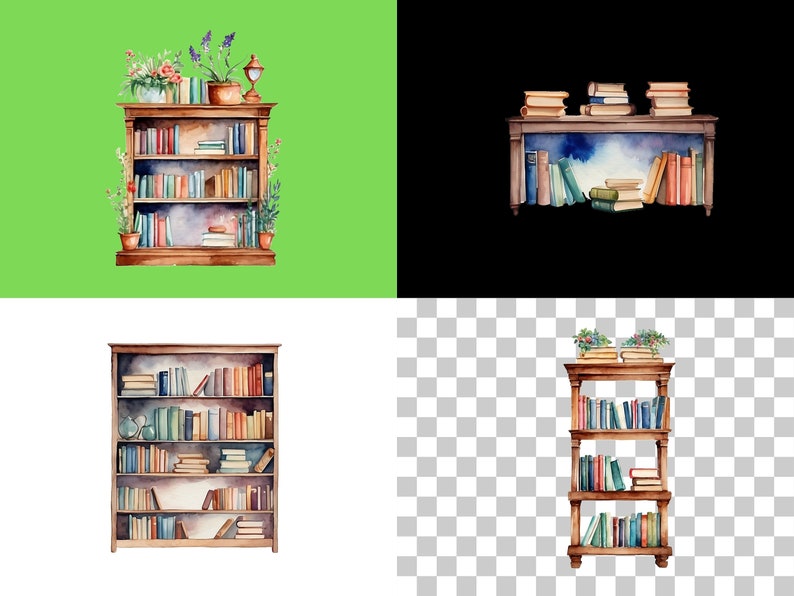 May include: A watercolor painting of a wooden bookshelf filled with books. The bookshelf has three shelves and is decorated with plants and a lamp. The background is a green, black, white, and checkered pattern.