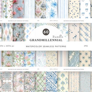 May include: A collection of 60 watercolor seamless patterns in various floral and geometric designs. The patterns feature soft pastel colors, including pink, blue, and green, with the text "GRANDMILLENNIAL" and "WATERCOLOR SEAMLESS PATTERNS".