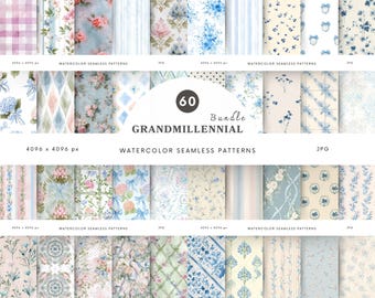 Watercolor Grandmillennial Seamless Patterns Bundle, Pastel Blue Pink Digital Paper, Vintage Floral Jpg, Plaid, Repeating Pattern, Scrapbook