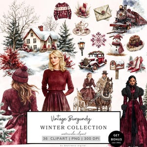 Pacchetto Clipart invernale, Clipart invernale vintage bordeaux, PNG invernale accogliente, Grafica vintage, Grafica invernale innevata, Download digitale di Natale