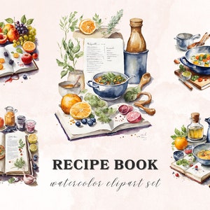 May include: Watercolor clipart set of recipe books with various ingredients, fruits, and bowls of soup. The set includes four different illustrations, each featuring a recipe book with a different soup recipe. The illustrations are in a watercolor style and feature a variety of colors, including green, red, orange, and blue.
