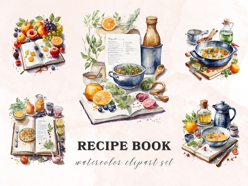 May include: Watercolor clipart set of recipe books with various ingredients, fruits, and bowls of soup. The set includes four different illustrations, each featuring a recipe book with a different soup recipe. The illustrations are in a watercolor style and feature a variety of colors, including green, red, orange, and blue.