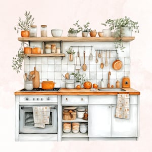 May include: A white kitchen with white cabinets, a white oven, and a white sink. The kitchen has a wooden countertop, a wooden shelf with jars and plants, and a wooden rack with kitchen utensils. There are orange fruits on the countertop.