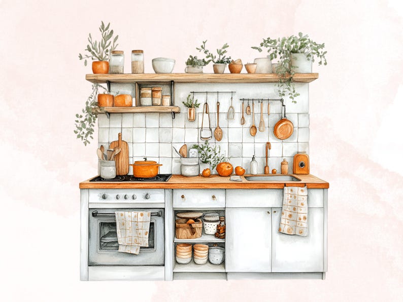 May include: A white kitchen with white cabinets, a white oven, and a white sink. The kitchen has a wooden countertop, a wooden shelf with jars and plants, and a wooden rack with kitchen utensils. There are orange fruits on the countertop.