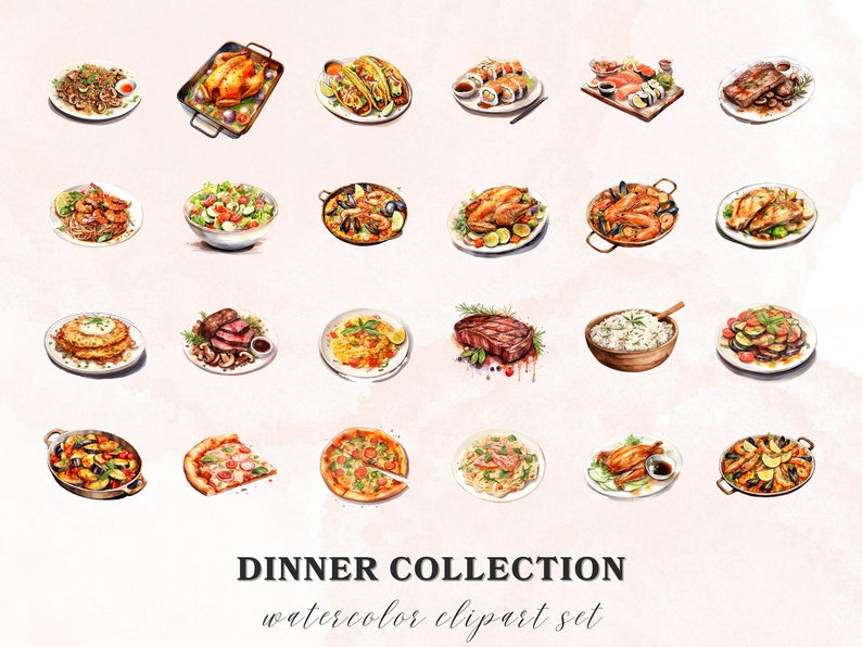Puede incluir: Un conjunto de 20 ilustraciones de acuarela que representan diferentes platos de cena. El conjunto incluye una variedad de cocinas, como pasta, pizza, sushi, paella y pollo asado. Las ilustraciones son de estilo realista y son perfectas para usar en men&uacute;s, libros de recetas u otros proyectos de tem&aacute;tica culinaria.