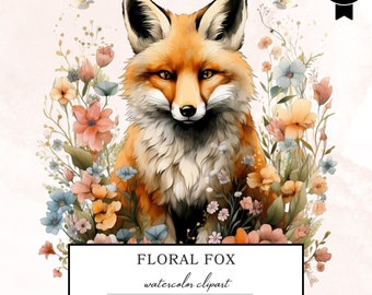 Aquarell Blumen Fuchs Clipart, Waldtier Clipart, Füchse Png Illustration, Mischtechnik, Junk Journals, Scrapbook, digitaler Download