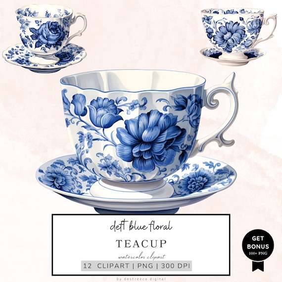 Delft Blue Teacup Clipart, Vintage Teacup Png, Coffee Cup Clipart, Printable Watercolor Clipart, Commercial Use, Mixed Media, Junk Journals