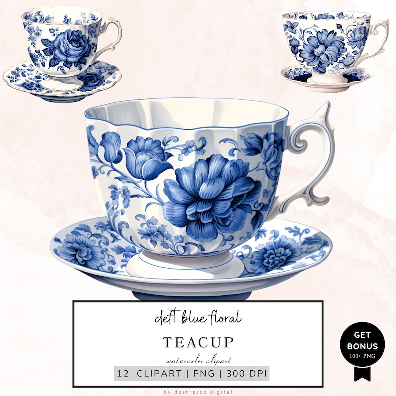 May include: A set of three blue and white teacups and saucers with a floral design. The teacups have a scalloped rim and a delicate handle. The saucers have a matching floral design.
