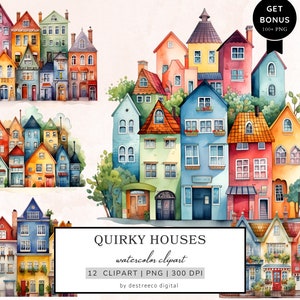 Watercolor Quirky Houses Clipart Bundle, Colorful Houses, Whimsical Houses Png, Card Making, Mixed Media, Commercial Use, Digital Download