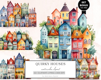 Watercolor Quirky Houses Clipart Bundle, Colorful Houses, Whimsical Houses Png, Card Making, Mixed Media, Commercial Use, Digital Download