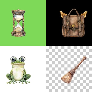 Puede incluir: Una ilustraci&oacute;n de acuarela de un conjunto de cuatro objetos m&aacute;gicos: una cartera de cuero marr&oacute;n con alas doradas, una rana verde con gafas, una escoba de madera con un mango marr&oacute;n y un reloj de arena con arena.