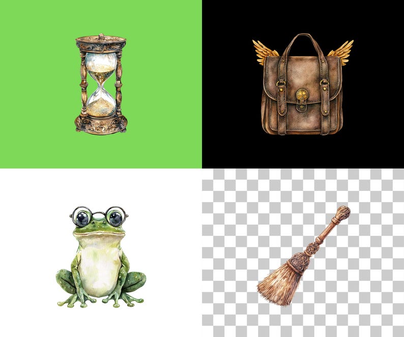 Puede incluir: Una ilustraci&oacute;n de acuarela de un conjunto de cuatro objetos m&aacute;gicos: una cartera de cuero marr&oacute;n con alas doradas, una rana verde con gafas, una escoba de madera con un mango marr&oacute;n y un reloj de arena con arena.