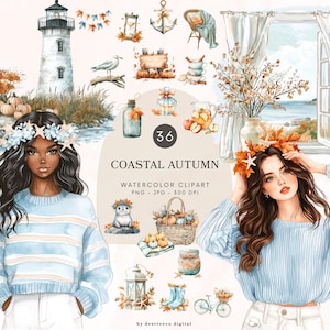 Watercolor Coastal Autumn Clipart, Cozy Fall Png, Autumn Beach Graphics, Fall Aesthetics Png, Cottagecore Clipart, Pumpkin, Digital Download