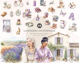 Imágenes prediseñadas de campos de lavanda en acuarela, imágenes prediseñadas de granjas de la Provenza francesa, PNG de campo de lavanda, imágenes prediseñadas rústicas, descarga digital - 522