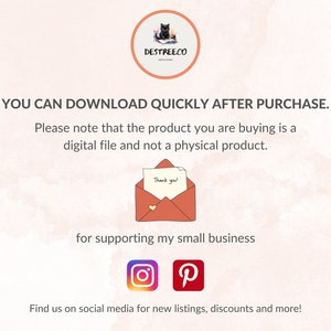Puede incluir: Un fondo de acuarela rosa y blanco con texto que dice "YOU CAN DOWNLOAD QUICKLY AFTER PURCHASE. Please note that the product you are buying is a digital file and not a physical product. Thank you! for supporting my small business Find us on social media for new listings, discounts and more!"