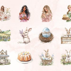 May include: A collection of watercolor illustrations featuring bunnies, eggs, and spring-themed scenes. The illustrations include a bunny holding lavender, a bunny in a nest with an egg, a bunny in a wooden crate, a bunny in a basket of eggs, a bunny sitting on a bench, a cake with pastel-colored eggs, a house with a wreath, and a field of flowers.