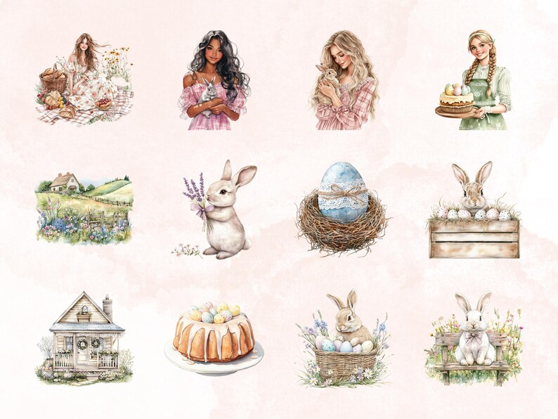 May include: A collection of watercolor illustrations featuring bunnies, eggs, and spring-themed scenes. The illustrations include a bunny holding lavender, a bunny in a nest with an egg, a bunny in a wooden crate, a bunny in a basket of eggs, a bunny sitting on a bench, a cake with pastel-colored eggs, a house with a wreath, and a field of flowers.