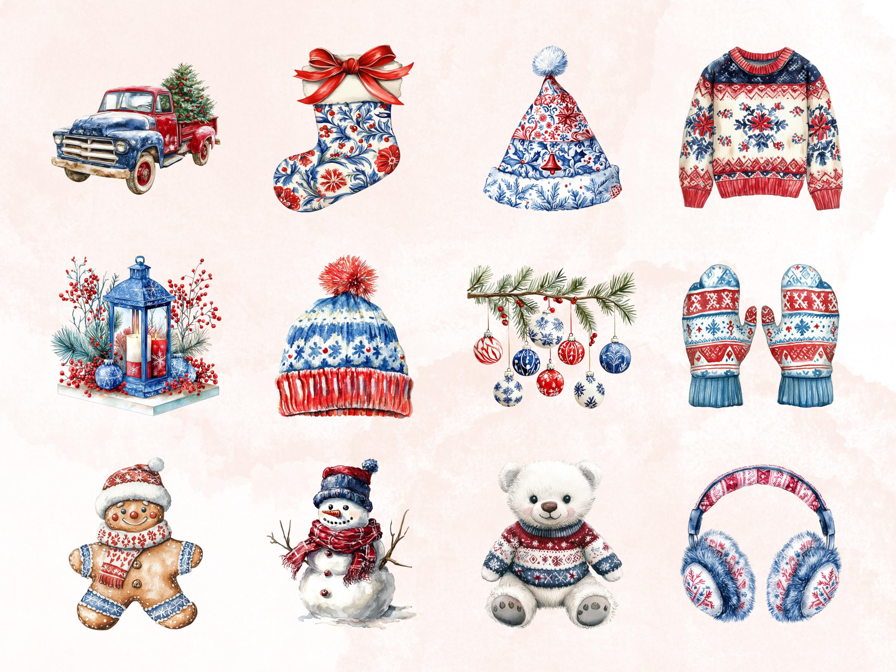 Winter Clipart Bundle, Cozy Christmas Clipart, Winter Clipart, Red Blue ...