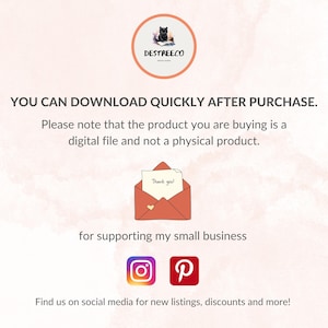 Puede incluir: Texto superpuesto sobre un fondo rosa con un logotipo de gato de dibujos animados. El texto dice "YOU CAN DOWNLOAD QUICKLY AFTER PURCHASE. Please note that the product you are buying is a digital file and not a physical product. Thank you! for supporting my small business Find us on social media for new listings, discounts and more!"