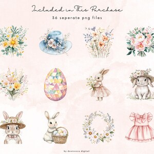 May include: A set of 36 watercolor illustrations featuring Easter-themed images, including bunnies, eggs, flowers, and a hat. The images are perfect for creating cards, invitations, and other crafts.