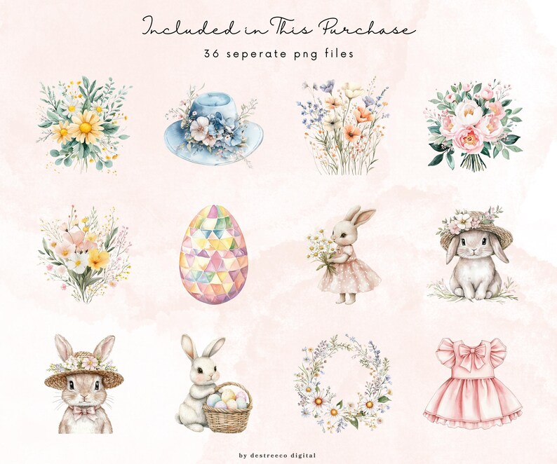May include: A set of 36 watercolor illustrations featuring Easter-themed images, including bunnies, eggs, flowers, and a hat. The images are perfect for creating cards, invitations, and other crafts.