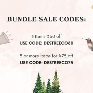 Pu&ograve; includere: Uno sfondo acquerellato rosa con un megafono e un colibr&igrave;. Il testo recita "BUNDLE SALE CODES: 3 Items %60 off USE CODE: DESTREECO60 5 or more Items for %75 off USE CODE: DESTREECO75"