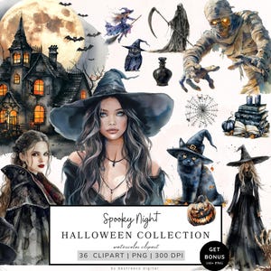 Aquarel Halloween-clipart, spookachtige nacht Png-bundel, schattige herfst-Halloween PNG, zwarte kat, spook, mummie, heks, pompoen, Halloween-graphics