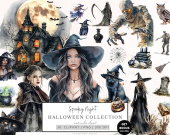 Watercolor Halloween Clipart, Spooky Night Png Bundle, Cute Fall Halloween PNG, Black Cat, Ghost, Mummy, Witch, Pumpkin, Halloween Graphics