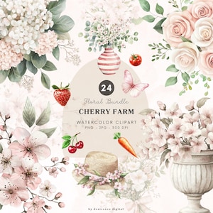 Paquete floral de granja de cerezos en acuarela (PNG), elegante clipart floral, flores de verano, gráficos florales, estética campestre, descarga digital