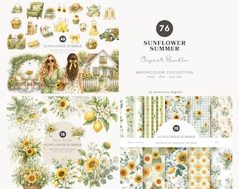 Colección de imágenes prediseñadas de girasoles de verano, gráficos de limones en acuarela, estilo cottagecore PNG (descarga digital)