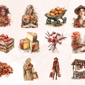 Puede incluir: Una colecci&oacute;n de ilustraciones de acuarela con temas oto&ntilde;ales. Las ilustraciones incluyen una mujer sosteniendo un ramo de flores, una cesta de calabazas, una caja de manzanas, un ramo de flores rojas, una escena de bosque, una mujer con una bolsa de compras y un puesto de mercado con productos.