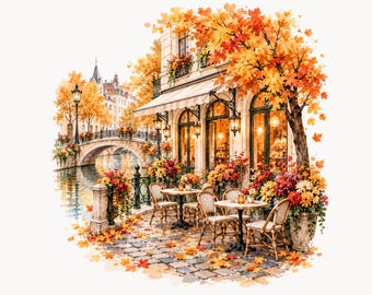 Autumn Cafe Clipart, 16 Watercolor Fall PNGs, Digital Download - 655