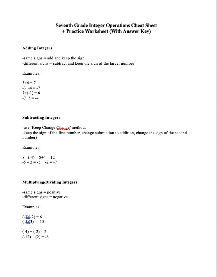 7th Grade Integer Operations Worksheet PDF | Math Cheat Sheet ...