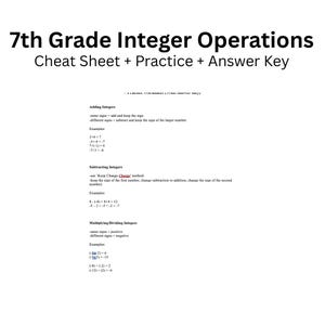 以下が含まれることがあります： 「7th Grade Integer Operations Cheat Sheet + Practice + Answer Key」と題された白い紙。 加算と減算を含む整数の演算に関するルールと例が記載されています。 テキストは黒です。