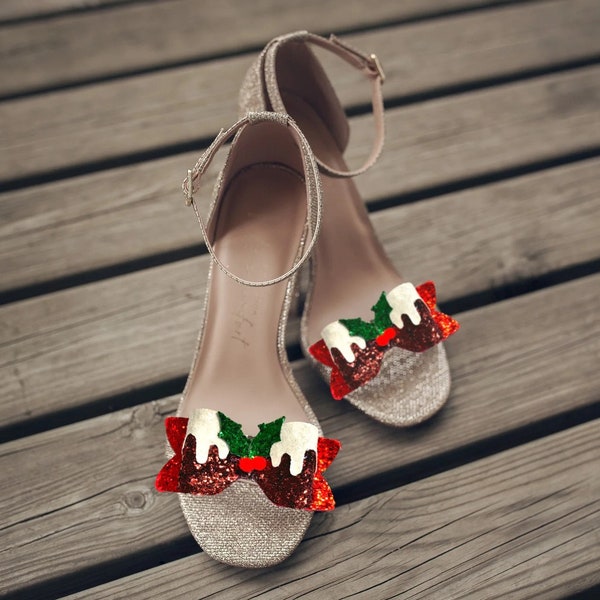 Clip On Sparkly Christmas Shoe Bows (Holly/Elf/Santa/Xmas Pudding)