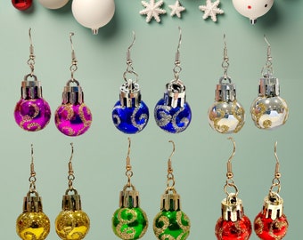 Christmas Bauble Earrings Sparkly | Xmas Ornament Earring | Glitter Gold/Silver Dangly Ear Fashion