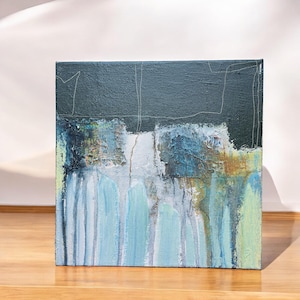 Abstract mixed media art on canvas | 30 x 30 x 4 cm | Textured image in shades of green and blue-black | Original, unique piece | No frame required