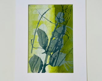 Plant print in natural tones on paper, original small art gift, unique