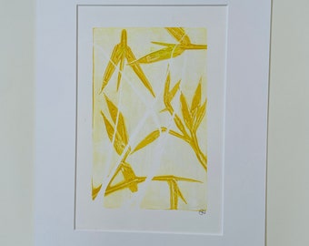 Plant print in ocher on paper with frame, original small art gift