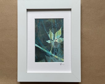 Plant print in green tones on paper with frame, original small art gift, unique