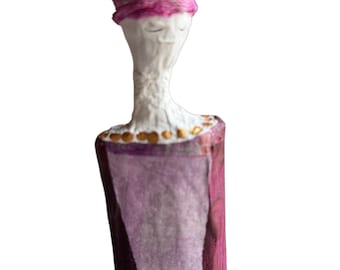 Elegant woman in madder red made of papier-mâché, handmade