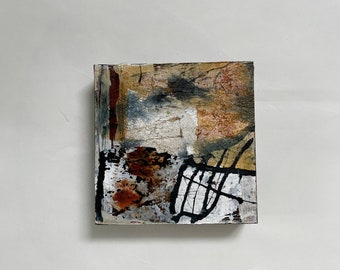 Abstract mixed media on wood l 15x15x 3 cm l Decoration for living room, hallway and office l ready to hang, Wabi Sabi