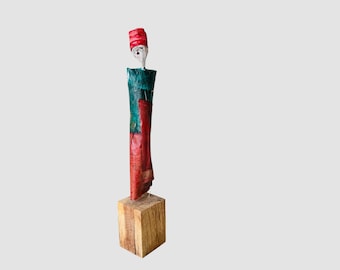 Handmade papier-mâché sculpture on an oak pedestal | Abstract figure | Modern art decoration | Unique art object