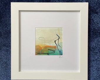 Abstract landscape on paper with frame, original small art gift, mixed media