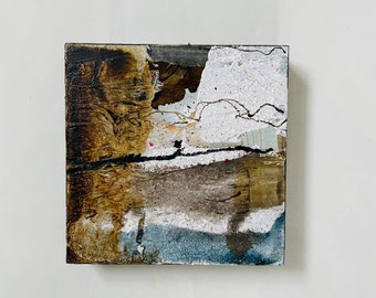 Abstract mixed media on wood l 15x15x 3 cm l Decoration for living room, hallway and office l ready to hang, Wabi Sabi