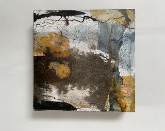 Abstract mixed media on wood l 15x15x 3 cm l Decoration for living room, hallway and office l ready to hang, Wabi Sabi