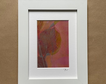 Plant print in red tones on paper with frame, original small art gift, unique
