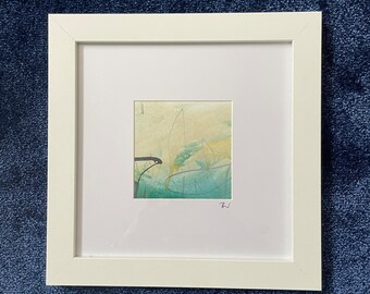 Abstract landscape on paper with frame, original small art gift, mixed media