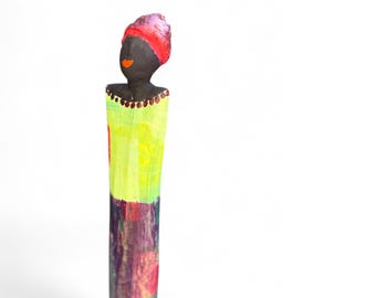 Elegant woman in green purple made of papier-mâché, handmade